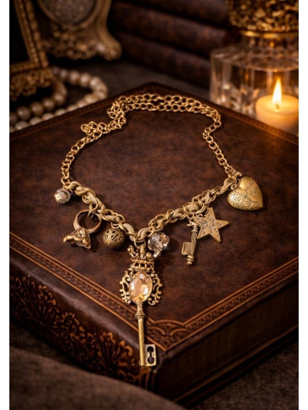 Vintage 80s Charm Necklace Key Heart Star Mixed Metal Ribbon Chain Statement